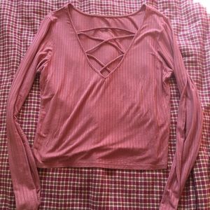 Pink v-neck tie long sleeve shirt